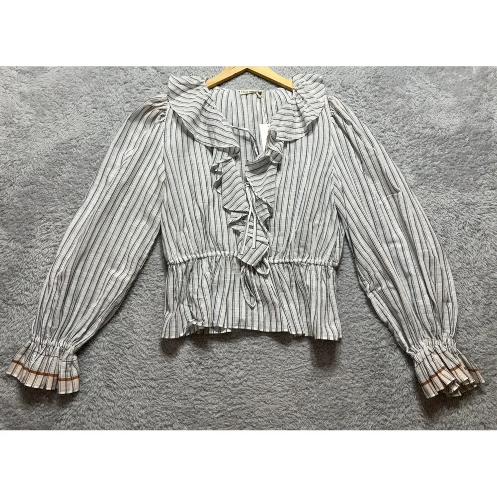 NEW Ulla Johnson Womens 8 Kalila Blouse Striped Cotton Ruffle Peplum Puff Sleeve
